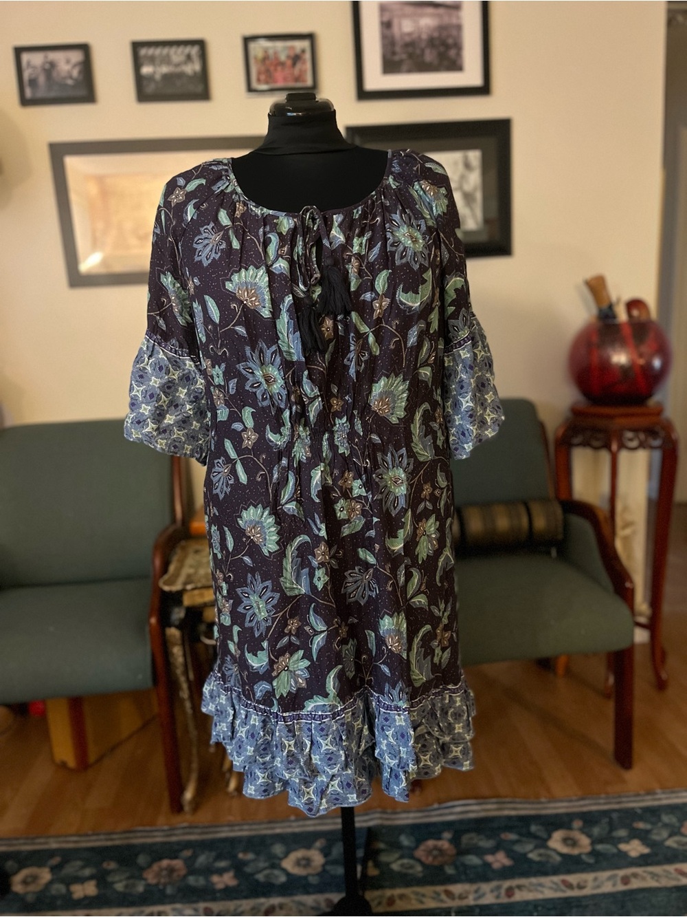 Bohemian Floral Tie-Front Midi Dress in Navy and Teal